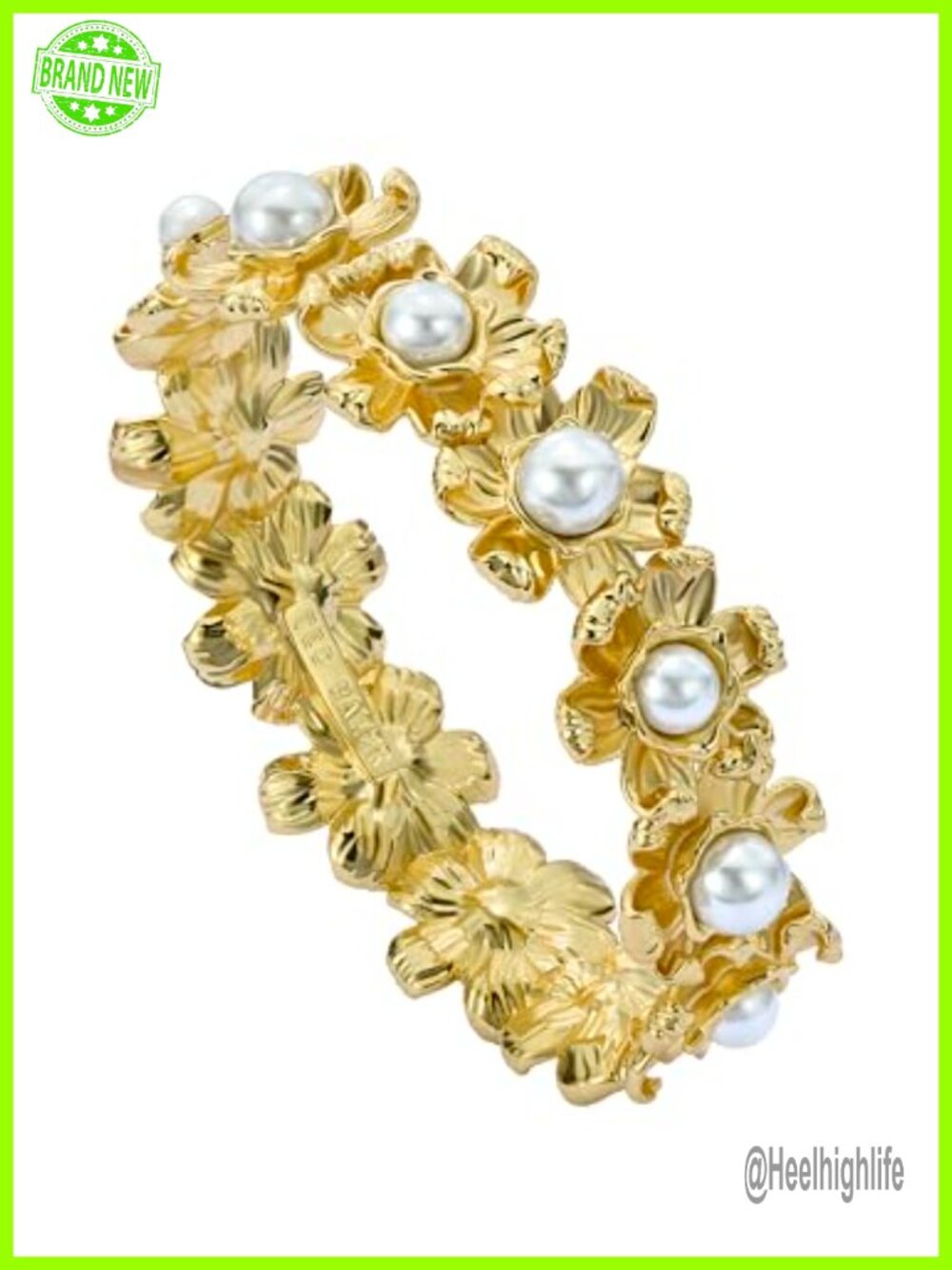 Gold Tone Plated Brass Daisy Pearl Bangle Bracelet